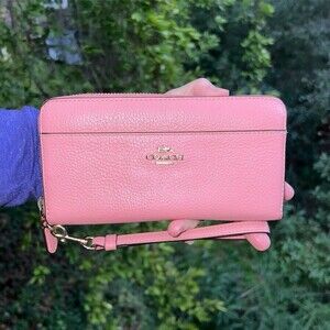 COACH Women's Zip-Around Wallet Wristlet Pink Pebble Leather w Gold Hardware